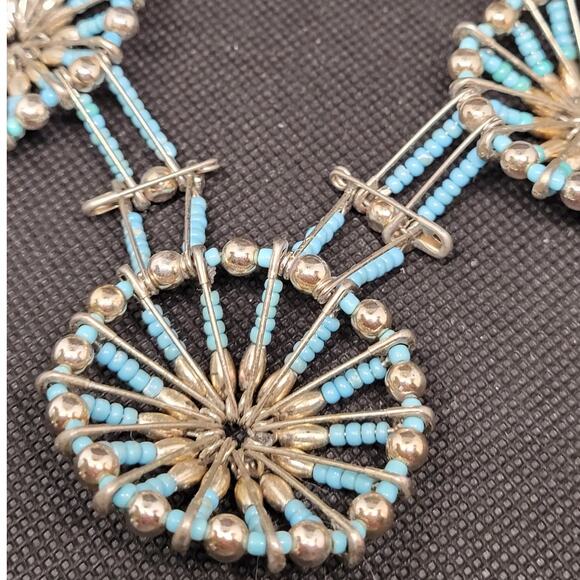 Retro Luxe Handmade Blue Bead Squash Blossom Necklace Boho Statement Piece - Picture 6 of 8